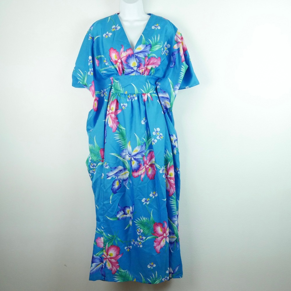 Vintage Tropical Eve Hawaii Blue Floral Kaftan‎ Dress Resort MuuMuu One Size